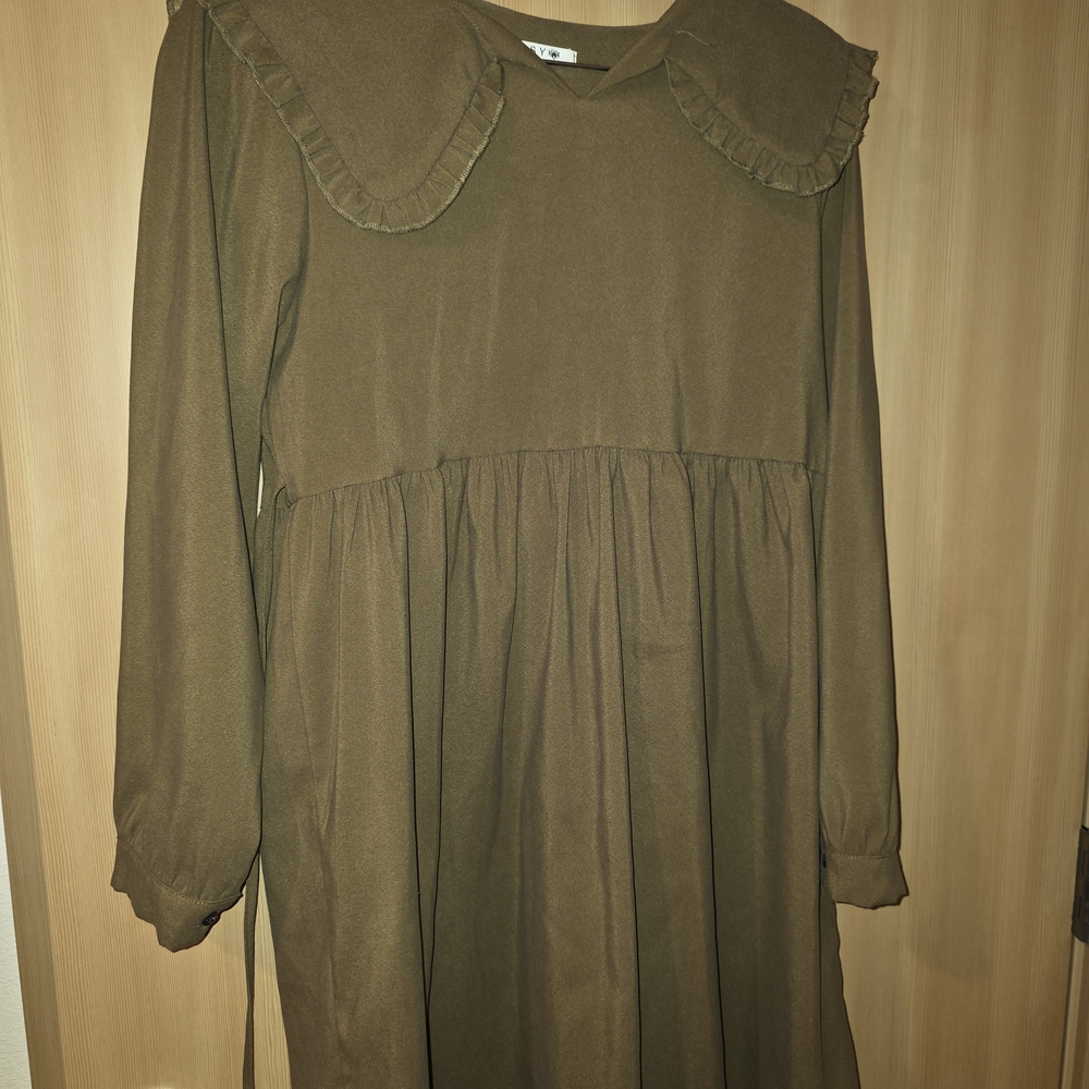 Girls Olive Brown Long Sleeve Dress with Peter Pan Collar